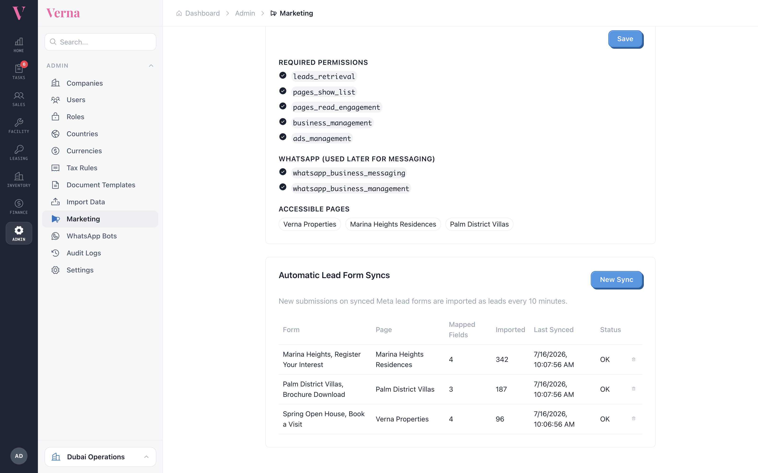 Marketing integrations page showing the Meta connection checklist and automatic lead form syncs