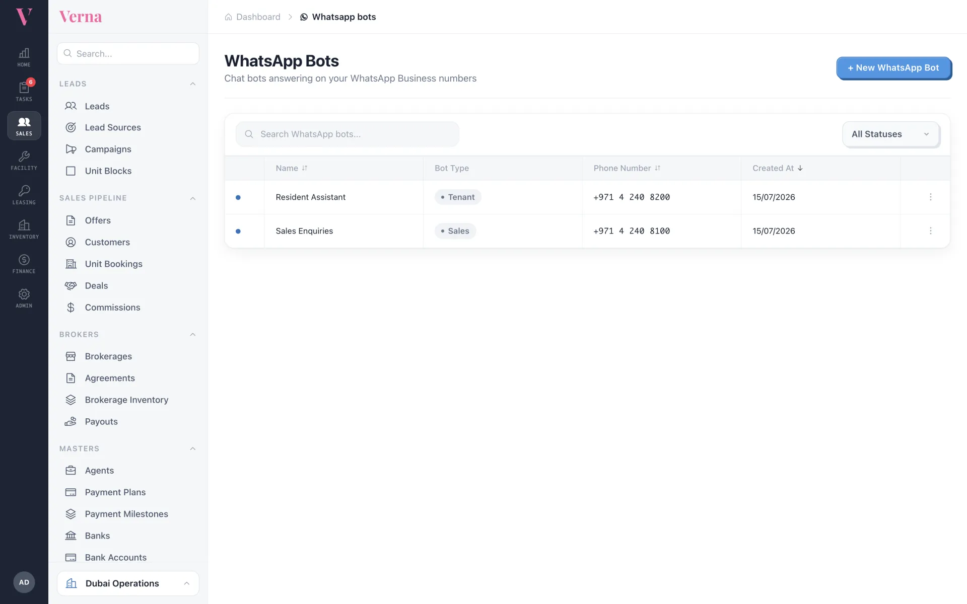 WhatsApp bots admin page showing a sales bot and a resident assistant bot mapped to business numbers